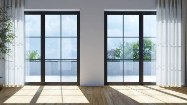 Büyük lüks, modern, parlak iç mekan oturma odası tasviri 3D dijital olarak oluşturulmuş görüntü, ev minimumu hortum fabrikası