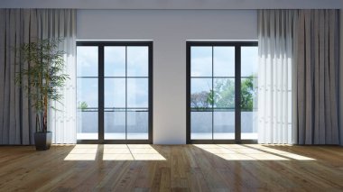 Büyük lüks, modern, parlak iç mekan oturma odası tasviri 3D dijital olarak oluşturulmuş görüntü, ev minimumu hortum fabrikası