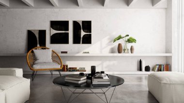 Büyük lüks, modern, parlak iç mekan oturma odası tasviri 3D dijital olarak oluşturulmuş görüntü, ev minimumu hortum fabrikası