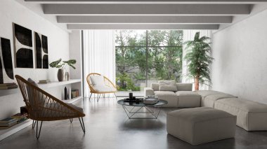 Büyük lüks, modern, parlak iç mekan oturma odası tasviri 3D dijital olarak oluşturulmuş görüntü, ev minimumu hortum fabrikası