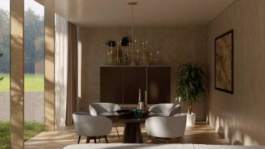 Büyük lüks, modern, parlak iç mekan oturma odası tasviri 3D dijital olarak oluşturulmuş görüntü, ev minimumu hortum fabrikası