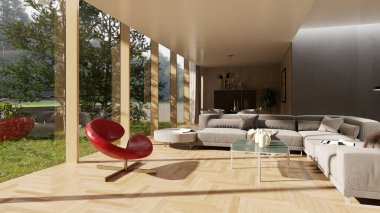 Büyük lüks, modern, parlak iç mekan oturma odası tasviri 3D dijital olarak oluşturulmuş görüntü, ev minimumu hortum fabrikası