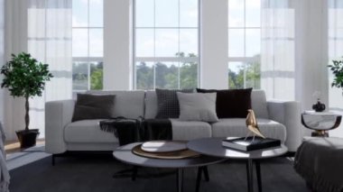 3d video rendering footage contemporary interior design of the living room. Stylish interior of the living room