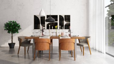 Büyük lüks, modern, parlak iç mekanlar. Oturma odası tasviri. 3D görüntüleme.