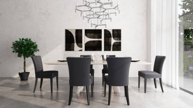 Büyük lüks, modern, parlak iç mekanlar. Oturma odası tasviri. 3D görüntüleme.