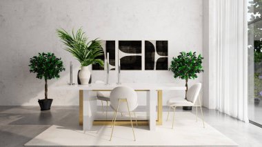 Büyük lüks, modern, parlak iç mekanlar. Oturma odası tasviri. 3D görüntüleme.