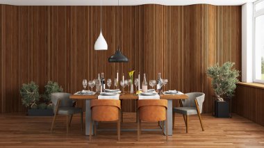 Büyük lüks, modern, parlak iç mekanlar. Oturma odası tasviri. 3D görüntüleme.