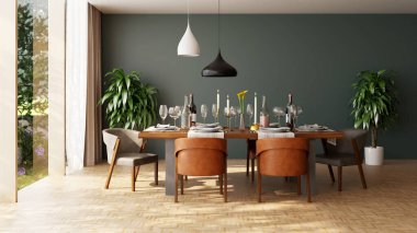 Büyük lüks, modern, parlak iç mekanlar. Oturma odası tasviri. 3D görüntüleme.