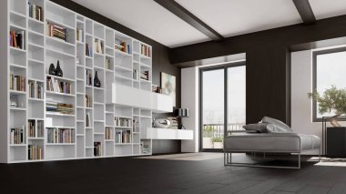 Büyük lüks, modern, parlak iç mekanlar. Oturma odası tasviri. 3D görüntüleme.