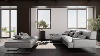 Büyük lüks, modern, parlak iç mekanlar. Oturma odası tasviri. 3D görüntüleme.