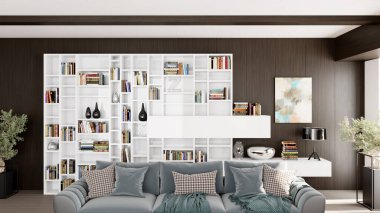 Büyük lüks, modern, parlak iç mekanlar. Oturma odası tasviri. 3D görüntüleme.