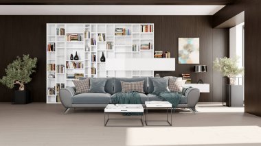 Büyük lüks, modern, parlak iç mekanlar. Oturma odası tasviri. 3D görüntüleme.