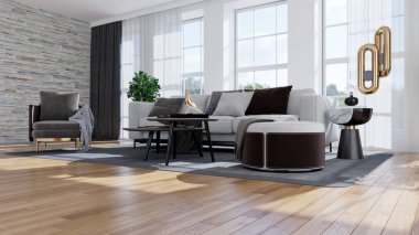Büyük lüks, modern, parlak iç mekanlar. Oturma odası tasviri. 3D görüntüleme.