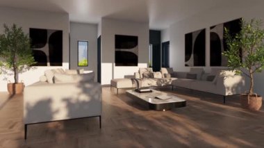 3D video görüntüsü, oturma odasının çağdaş iç tasarımı. Oturma odasının içi çok şık.