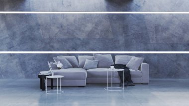 Büyük lüks, modern, parlak iç mekanlar. Oturma odası tasviri. 3D görüntüleme.