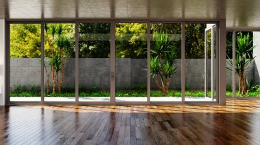 Büyük lüks, modern, parlak iç mekanlar. Oturma odası tasviri. 3D görüntüleme.