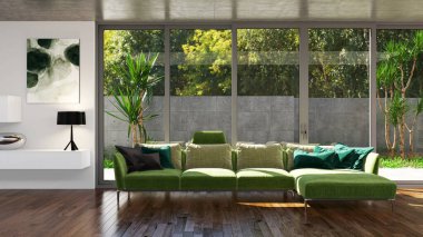 Büyük lüks, modern, parlak iç mekanlar. Oturma odası tasviri. 3D görüntüleme.