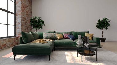 Büyük lüks, modern, parlak iç mekanlar. Oturma odası tasviri. 3D görüntüleme.