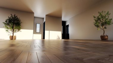 Büyük lüks, modern, parlak iç mekanlar. Oturma odası tasviri. 3D görüntüleme.