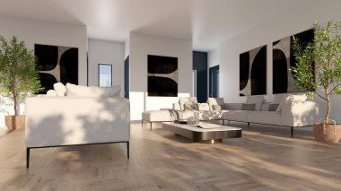 Büyük lüks, modern, parlak iç mekanlar. Oturma odası tasviri. 3D görüntüleme.
