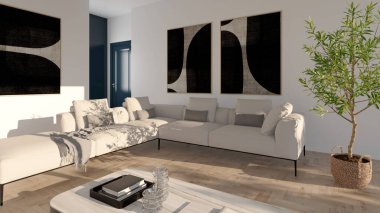 Büyük lüks, modern, parlak iç mekanlar. Oturma odası tasviri. 3D görüntüleme.