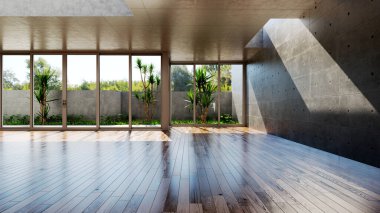 Büyük lüks, modern, parlak iç mekanlar. Oturma odası tasviri. 3D görüntüleme.