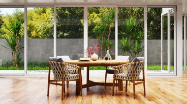 Büyük lüks, modern, parlak iç mekanlar. Oturma odası tasviri. 3D görüntüleme.