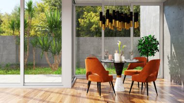 Büyük lüks, modern, parlak iç mekanlar. Oturma odası tasviri. 3D görüntüleme.