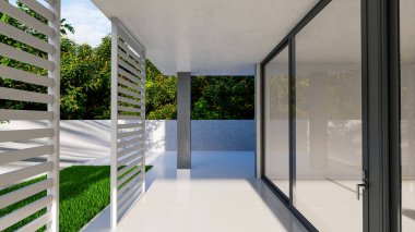 Büyük lüks, modern, parlak iç mekanlar. Oturma odası tasviri. 3D görüntüleme.