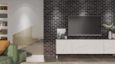 3D video görüntüsü, oturma odasının çağdaş iç tasarımı. Oturma odasının içi çok şık.