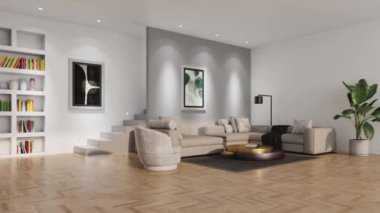 3D video görüntüsü, oturma odasının çağdaş iç tasarımı. Oturma odasının içi çok şık.