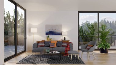 Büyük lüks, modern, parlak iç mekan. Oturma odası tasviri 3D canlandırma.