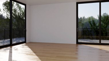 Büyük lüks, modern, parlak iç mekan. Oturma odası tasviri 3D canlandırma.