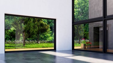 Büyük lüks, modern, parlak iç mekan. Oturma odası tasviri 3D canlandırma.