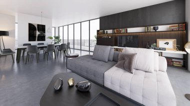 Büyük lüks, modern, parlak iç mekan. Oturma odası tasviri 3D canlandırma.