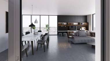 Büyük lüks, modern, parlak iç mekan. Oturma odası tasviri 3D canlandırma.