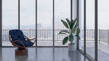 Büyük lüks, modern, parlak iç mekan. Oturma odası tasviri 3D canlandırma.