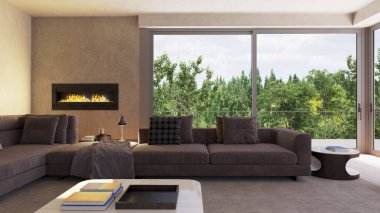 Büyük lüks, modern, parlak iç mekan. Oturma odası tasviri 3D canlandırma.