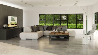 Büyük lüks, modern, parlak iç mekan. Oturma odası tasviri 3D canlandırma.