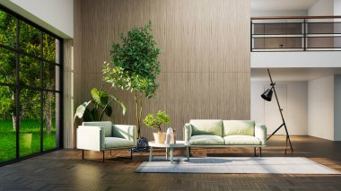 Büyük lüks, modern, parlak iç mekan. Oturma odası tasviri 3D canlandırma.