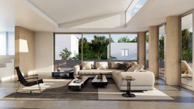 Büyük lüks, modern, parlak iç mekan. Oturma odası tasviri 3D canlandırma.