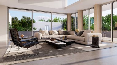 Büyük lüks, modern, parlak iç mekan. Oturma odası tasviri 3D canlandırma.