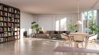 Büyük lüks, modern, parlak iç mekan. Oturma odası tasviri 3D canlandırma.