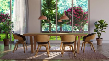 Büyük lüks, modern, parlak iç mekan. Oturma odası tasviri 3D canlandırma.