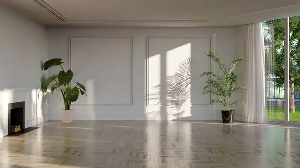 大型豪华现代明亮室内装饰客厅模型3D渲染图像 — 图库照片