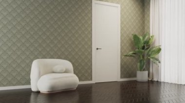 3D video görüntüsü, oturma odasının çağdaş iç tasarımı. Oturma odasının içi çok şık.