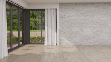 3D video görüntüsü, oturma odasının çağdaş iç tasarımı. Oturma odasının içi çok şık.
