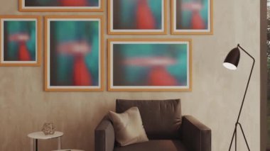 3D video görüntüsü, oturma odasının çağdaş iç tasarımı. Oturma odasının içi çok şık.