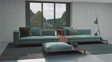 3D video görüntüsü, oturma odasının çağdaş iç tasarımı. Oturma odasının içi çok şık.