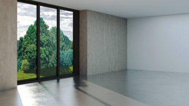 Büyük lüks, modern, parlak iç mekan. Oturma odası tasviri 3D canlandırma.